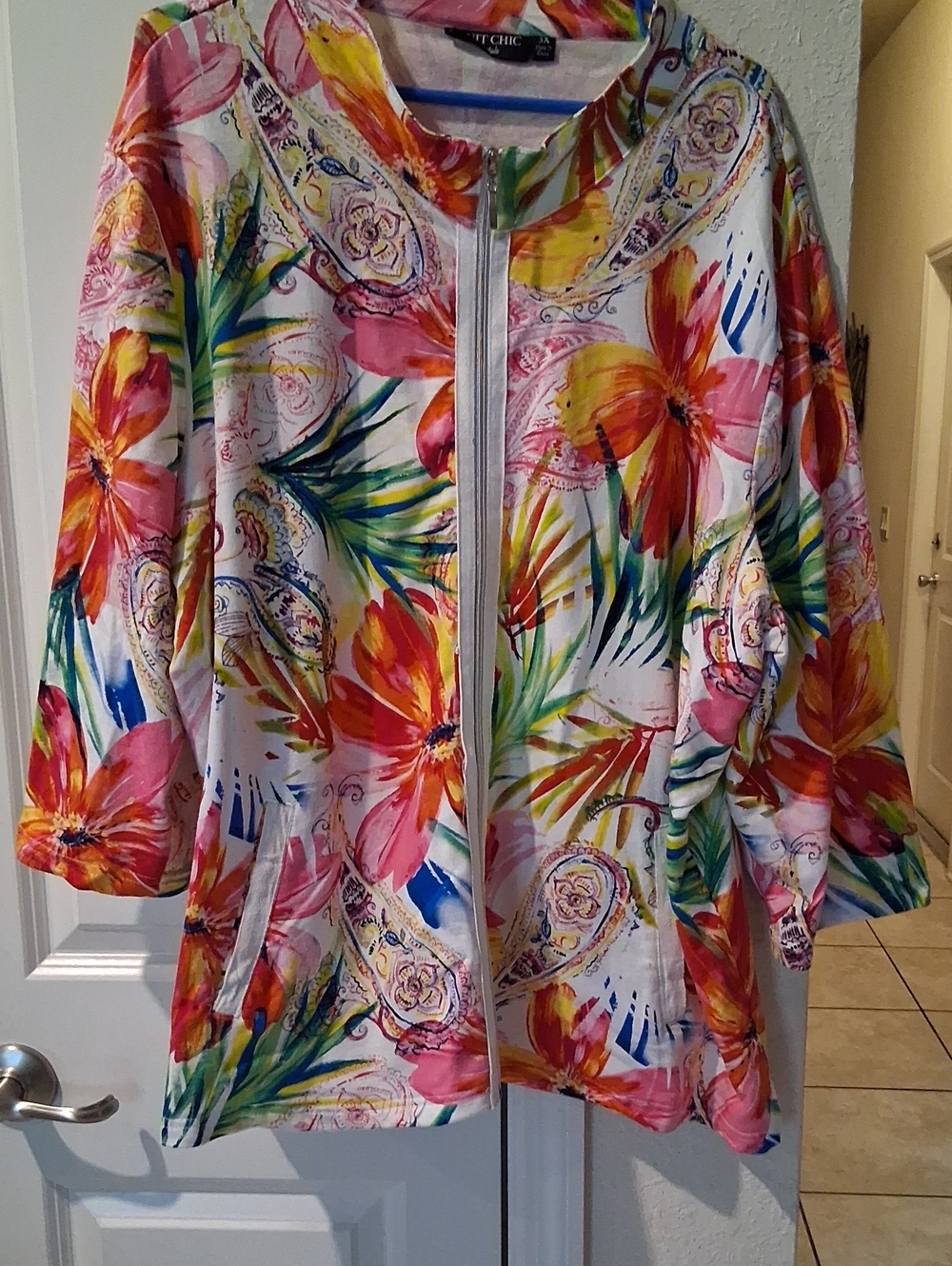 chic Floral Zip-Front Swim Coverup Jacket - Pink, Orange, Green, Blue
